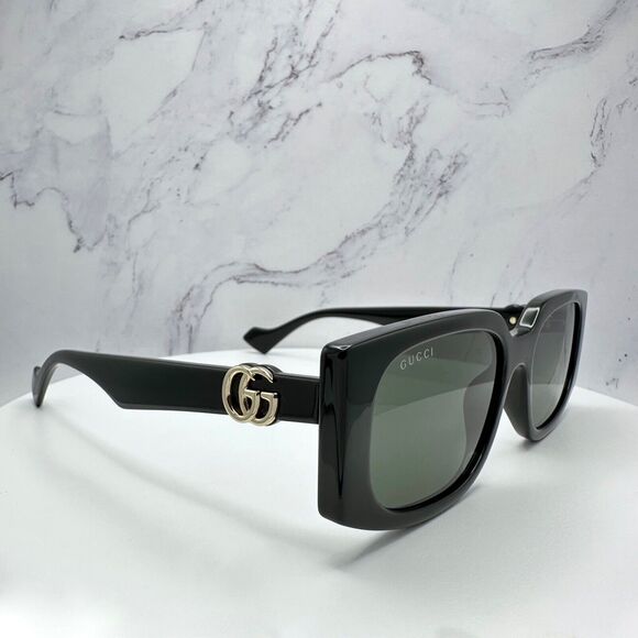 New Gucci Sunglasses Black Square Rectangular Gold Interlocking GG Metal Logo - Picture 2 of 16